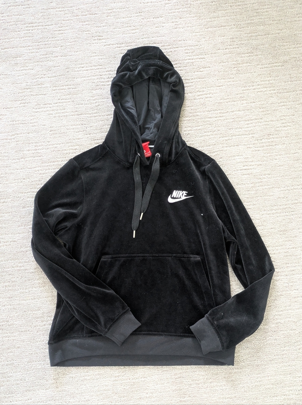 Nike Black Velour Pullover Hoodie with White Swoosh